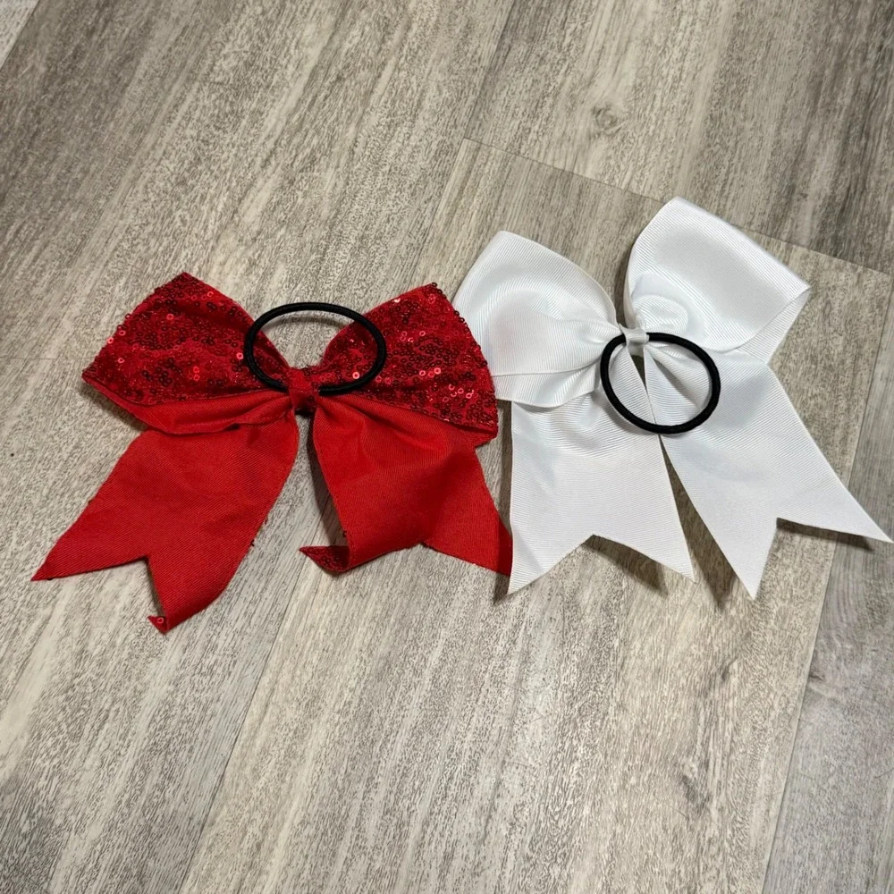 Cheerleading Hair Bows Set‎ Red Sequin & White Competition Dance Team Kids